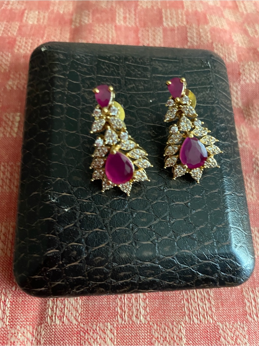 Elegant Gold-Tone Pink Stone Drop Earrings